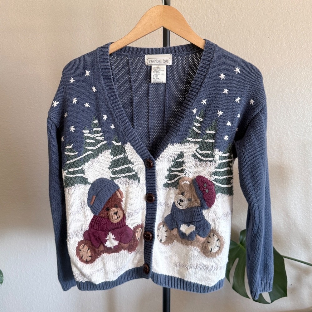 Mandalay Bay Vintage Teddy Bear Winter Cardigan Sweater Blue Women Small Ramie
